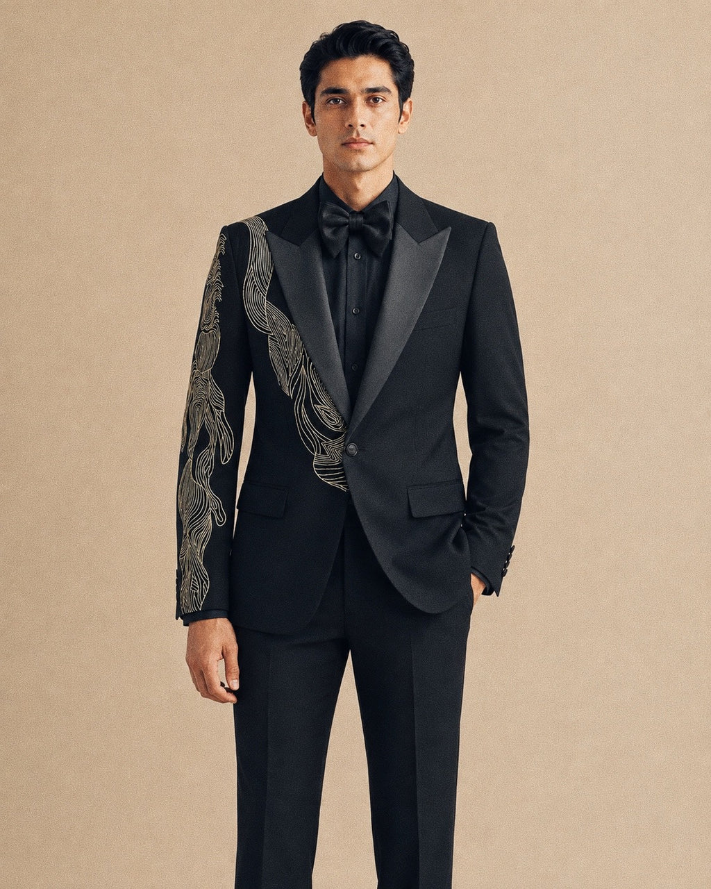 Black Embroidered Tuxedo Set