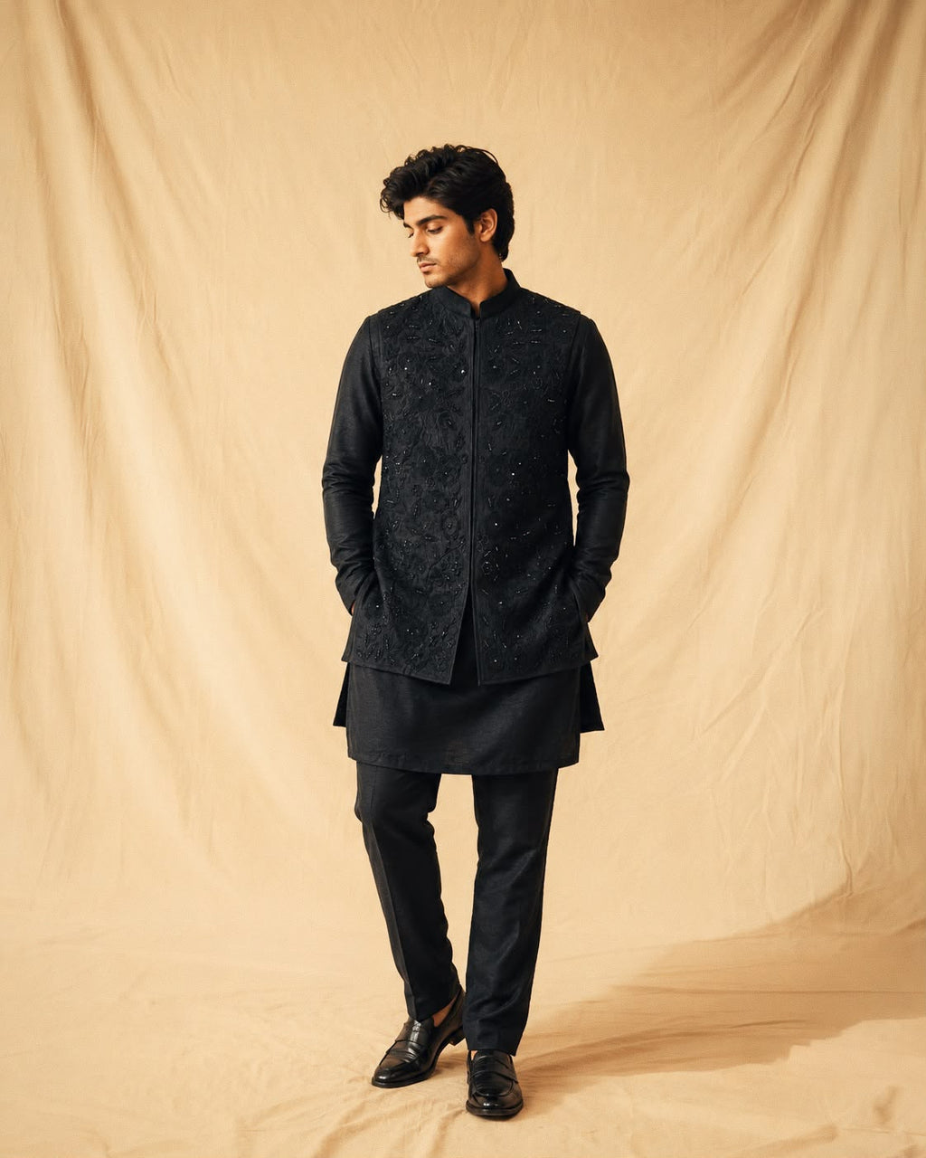 Black Monotone Embroidered Jacket Set
