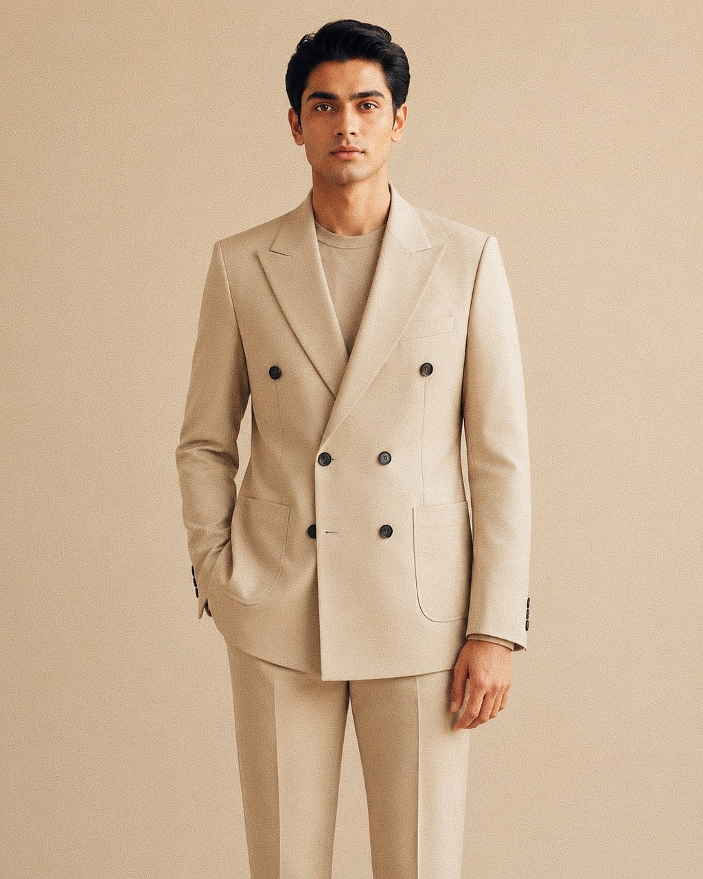 Beige Double-Breasted Suit Set