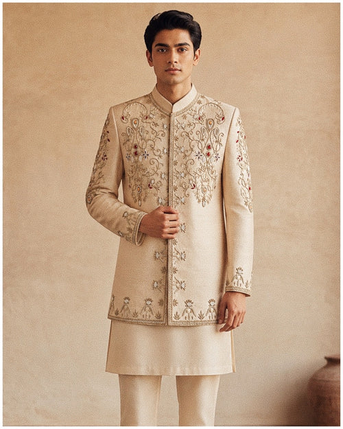 Beige Embroidered Bandhgala Set