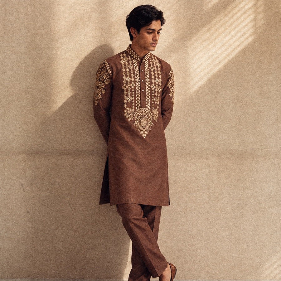 Brown Embroidered Kurta Set