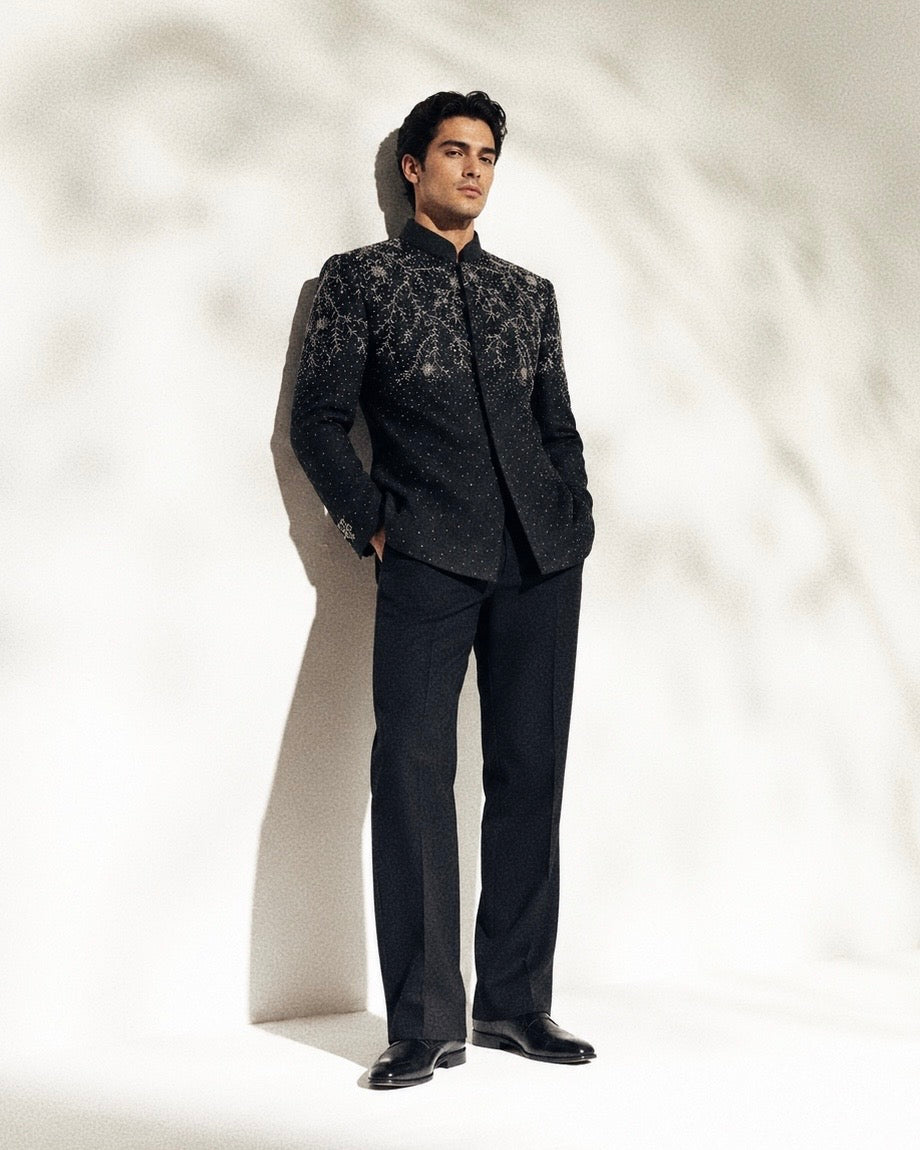 Black Embroidered & Crystal-Studded Bandhgala Set